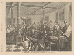 Læsesalen på Fifth Avenue Hotel i New York - Diskuterer nyhederne fra Chicago, illustration fra hver lørdag, 1871 af American School